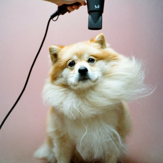 A dog being blow-dried after a bath